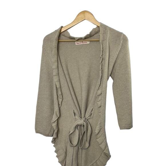 Love Hanna Andersson Tan Open Tie Waist Belt Cardigan Sweater Ruffle Trim  XS - Picture 2 of 5